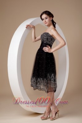 Organza A-line Embroidery Tea-length Black Prom Dress