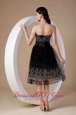 Organza A-line Embroidery Tea-length Black Prom Dress