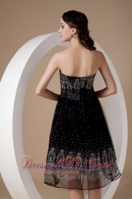 Organza A-line Embroidery Tea-length Black Prom Dress