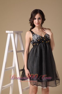 Straps Mini-length Black A-line Evening Gown Organza