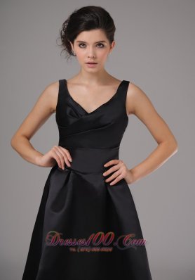 Black Straps Tea Length Taffeta Dress for Bridesmaid