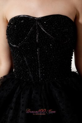 Puffy Black Short Organza Litle Black Dress with Beadwork