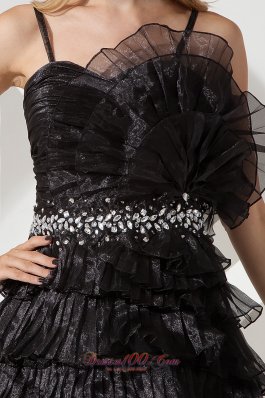 Handmade Flower Organza Short Straps Black Prom Gown