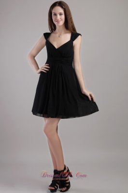 V-neck Black Mini-length Chiffon Bridesmaid Little Black Dress