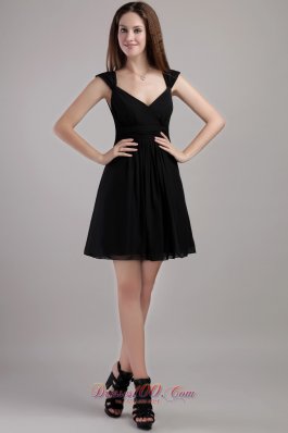 V-neck Black Mini-length Chiffon Bridesmaid Little Black Dress