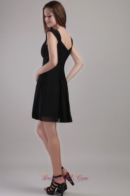 V-neck Black Mini-length Chiffon Bridesmaid Little Black Dress