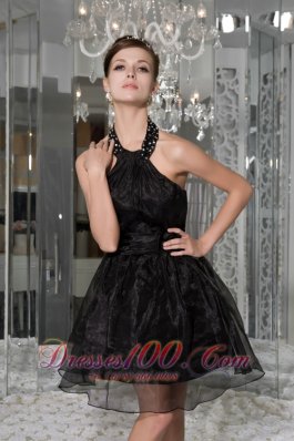 Halter Organza Beading and Ruch Mini-length Prom Gown