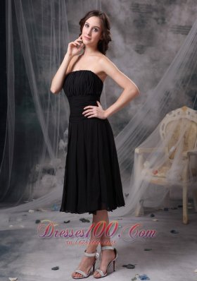 Soft Strapless Little Black Dress Tea-length Chiffon Ruch