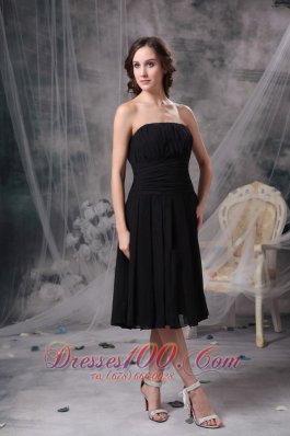 Soft Strapless Little Black Dress Tea-length Chiffon Ruch