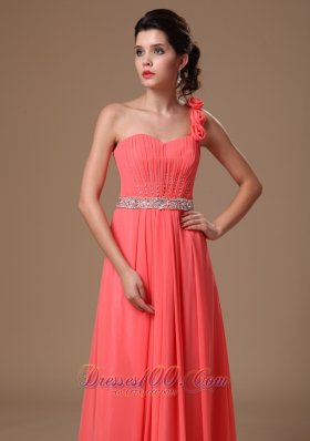 Floral One Shoulder Watermelon Beaded Chiffon Maxi Gowns