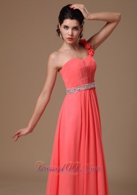 Floral One Shoulder Watermelon Beaded Chiffon Maxi Gowns