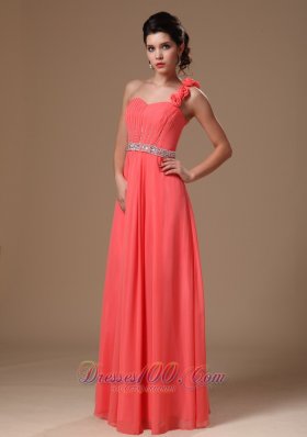 Floral One Shoulder Watermelon Beaded Chiffon Maxi Gowns