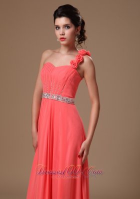 Floral One Shoulder Watermelon Beaded Chiffon Maxi Gowns