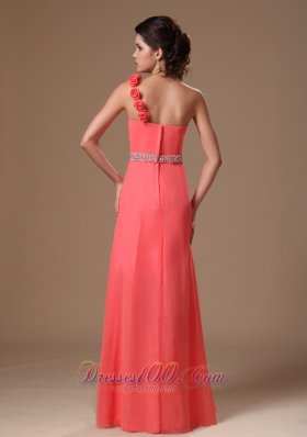 Floral One Shoulder Watermelon Beaded Chiffon Maxi Gowns