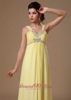 Light Yellow Straps Beaded Chiffon Prom Graduation Dress