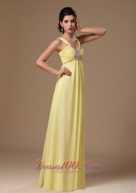 Light Yellow Straps Beaded Chiffon Prom Graduation Dress