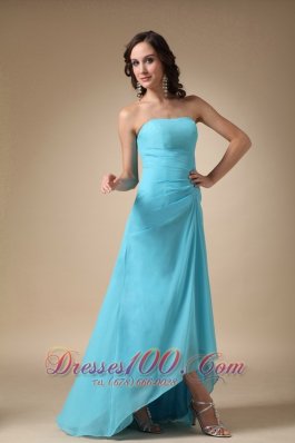 Asymmetrical Aqua Blue Strapless Chiffon Prom Gown Dress