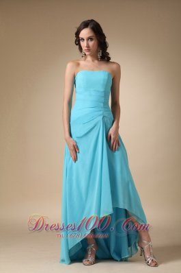 Asymmetrical Aqua Blue Strapless Chiffon Prom Gown Dress