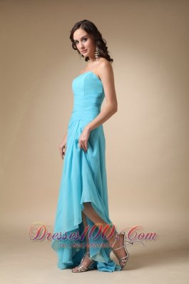 Asymmetrical Aqua Blue Strapless Chiffon Prom Gown Dress