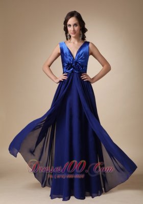 Royal Blue Long Evening Dress V-neck Satin and Chiffon