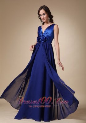 Royal Blue Long Evening Dress V-neck Satin and Chiffon