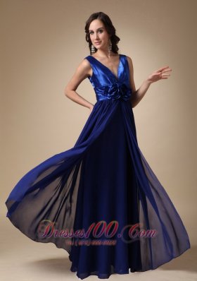 Royal Blue Long Evening Dress V-neck Satin and Chiffon