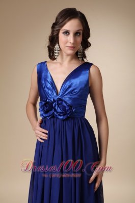 Royal Blue Long Evening Dress V-neck Satin and Chiffon