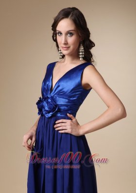 Royal Blue Long Evening Dress V-neck Satin and Chiffon