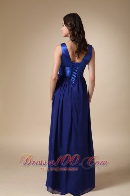 Royal Blue Long Evening Dress V-neck Satin and Chiffon