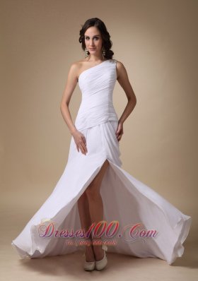 White Shoulder High slit Chiffon Ruched Prom Gown