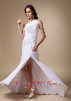 White Shoulder High slit Chiffon Ruched Prom Gown