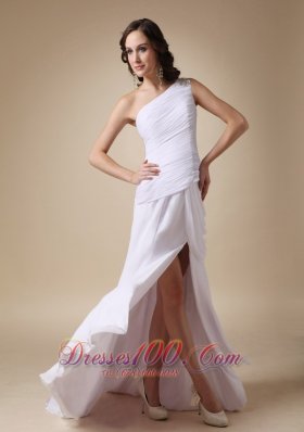 White Shoulder High slit Chiffon Ruched Prom Gown