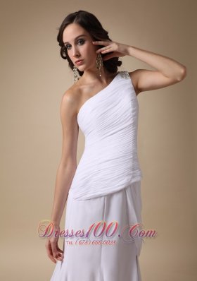 White Shoulder High slit Chiffon Ruched Prom Gown