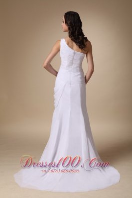 White Shoulder High slit Chiffon Ruched Prom Gown