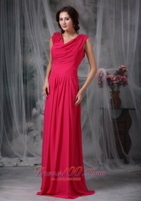 Ruched Prom Gown Coral Red V-neck Chiffon