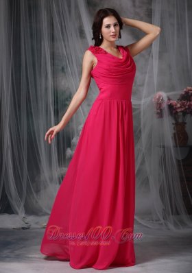 Ruched Prom Gown Coral Red V-neck Chiffon