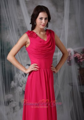 Ruched Prom Gown Coral Red V-neck Chiffon