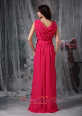 Ruched Prom Gown Coral Red V-neck Chiffon