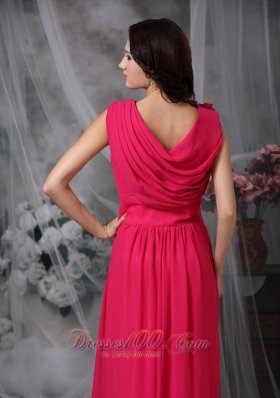 Ruched Prom Gown Coral Red V-neck Chiffon