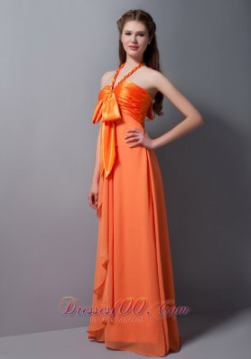 Orange Halter Ruch Bridesmaid Dress Taffeta and Chiffon