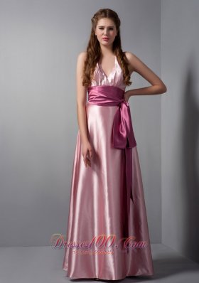 Pink V-neck Sash Bridesmaid Dress Elastic Woven Satin