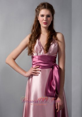 Pink V-neck Sash Bridesmaid Dress Elastic Woven Satin