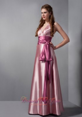 Pink V-neck Sash Bridesmaid Dress Elastic Woven Satin