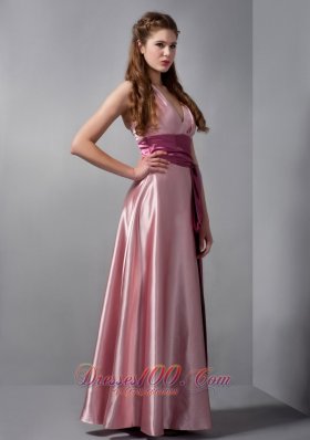 Pink V-neck Sash Bridesmaid Dress Elastic Woven Satin