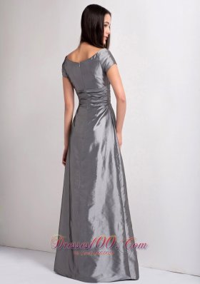 Grey Mother Dress V-neck Ruch Floor-legnth Taffeta