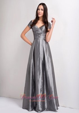 Grey Mother Dress V-neck Ruch Floor-legnth Taffeta