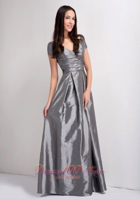 Grey Mother Dress V-neck Ruch Floor-legnth Taffeta