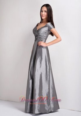 Grey Mother Dress V-neck Ruch Floor-legnth Taffeta