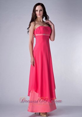 Coral Red and Watermelon Bridesmaid Dress Ruch Ankle-length