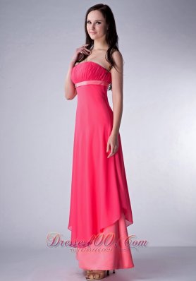 Coral Red and Watermelon Bridesmaid Dress Ruch Ankle-length